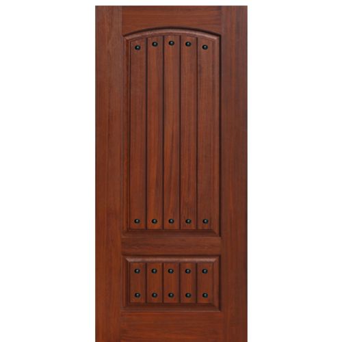 2-Panel V-Grooved Cherry Wood Grain Fiberglass Entry Door with Clavos