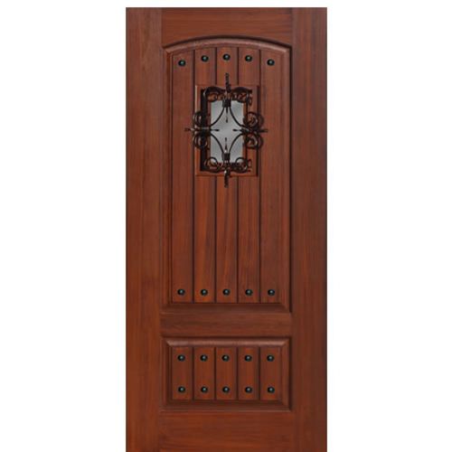 2-Panel V-Grooved Fiberglass Entry Door with Cherry Wood Grain, Speakeasy and Clavos