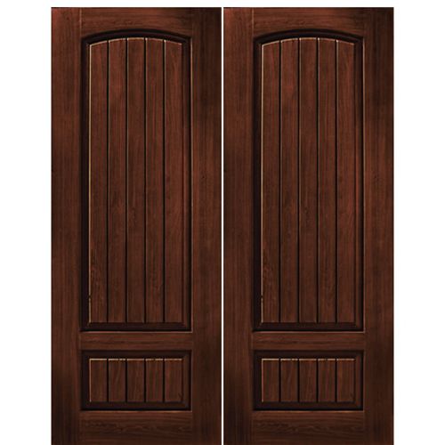 2-Panel V-Grooved Cherry Wood Grain Fiberglass Double Entry Door