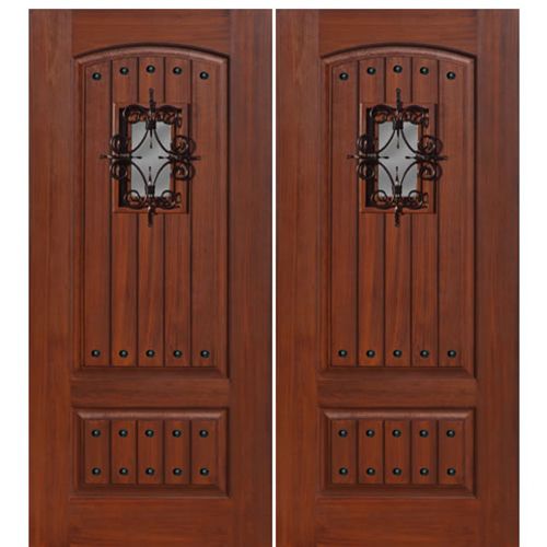 2-Panel V-Grooved Fiberglass Double Entry Doors with Cherry Wood Grain, Speakeasy and Clavos