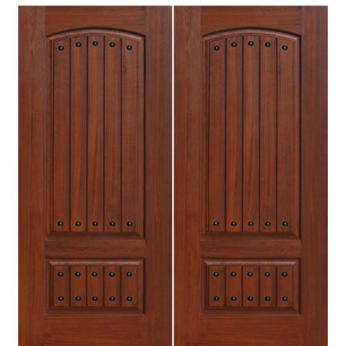 2-Panel V-Grooved Cherry Wood Grain Fiberglass Double Entry Door with Clavos