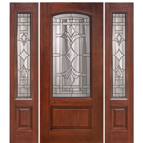 1 Panel Arch Lite Marsala Design Fiberglass Entry Door and Two Sidelites