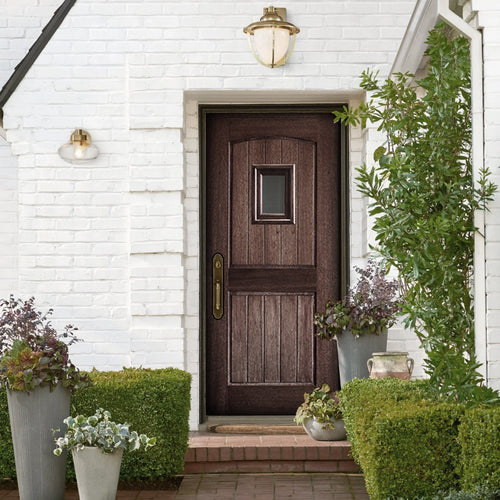 2 Panel V Grooved Arch Speakeasy-1-68 | 80" Tall 2 Panel V Grooved Arched Panel Solid Mahogany Entry Door with Speakeasy