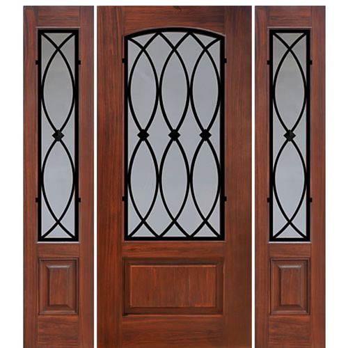 1 Panel Arch Lite La Salle Design Grain Fiberglass Entry Door with Two Sidelites