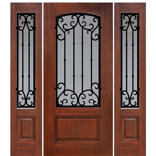 1 Panel Arch Lite Valencia Design Fiberglass Entry Door with Two Sidelites