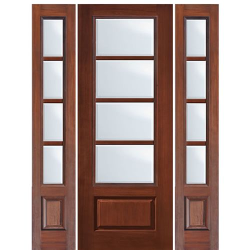 96" Tall 3/4 Lite 1 Panel 4 Lite SDL Horizontal, Fiberglass Entry Door with Two Sidelites