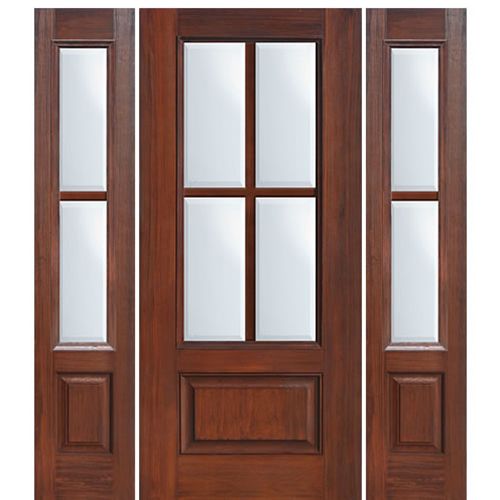 80" Tall 3/4 Lite 1-Panel 4-Lite SDL Fiberglass Entry Door with Two Sidelites