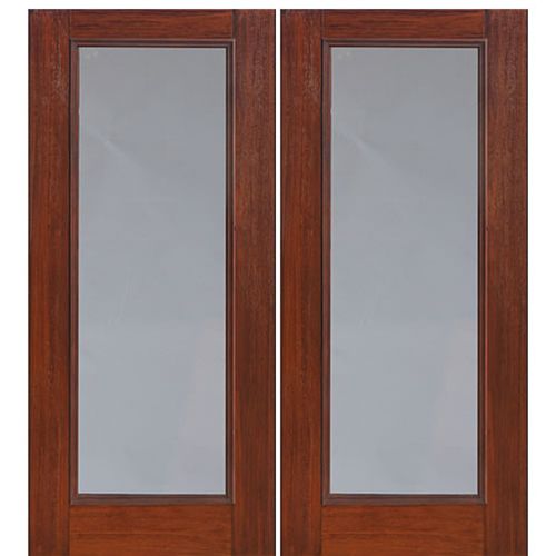 80" Tall Full Lite Privacy and Clear, Cherry Wood Grain Fiberglass Double Entry Door