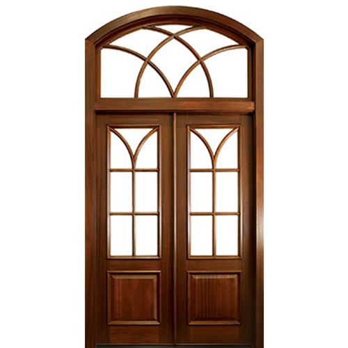 96" Tall 7 Lite Exterior Mahogany Double Doors with Panel Bottoms and  Arched Transom