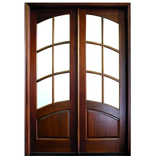 8ft. Tall Mahogany Double Entry Doors True Divided 6-Lite with Arched Glass and Bottom Panel