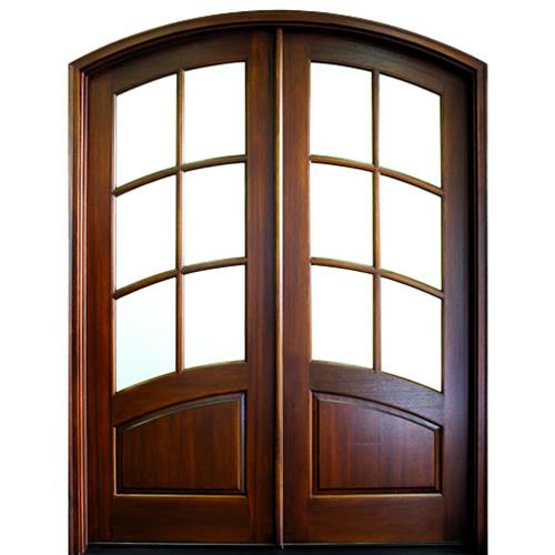 8ft. Tall Pre-hung Eyebrow Radius True Divided 6-Lite Mahogany Double Entry Doors with Arched Glass Panels