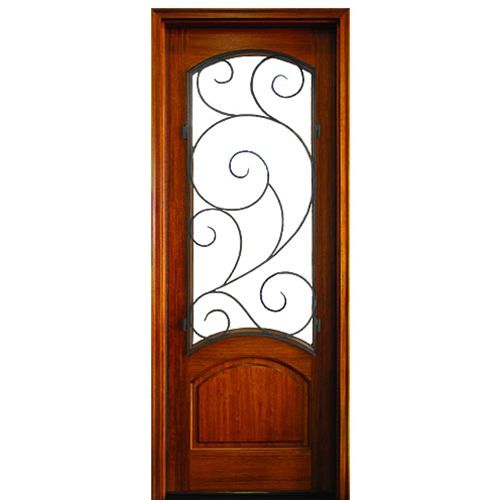 36''x96'' Mahogany Entry Door with Arched Glass Panel and Burlwood Decorative Wrought Iron Grille