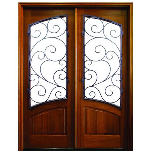 8-0" Tall Mahogany Double Entry Doors with Arched Glass Panels and Burlwood Decorative Wrought Iron Grille