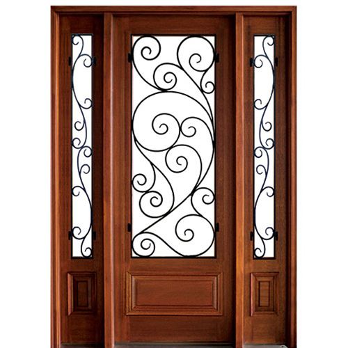 Mahogany Entry Door with Burlwood Decorative Wrought Iron Grille and Two Sidelites