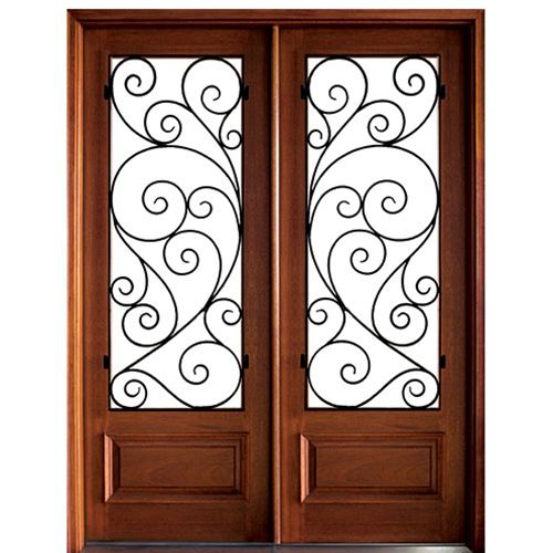 Mahogany Double Entry Door with Burlwood Decorative Wrought Iron Grille