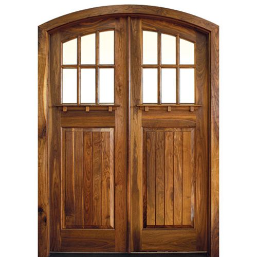 Pre-hung Mahogany Eyebrow Radius Craftsman Style True Divided Lite Double Entry Doors 