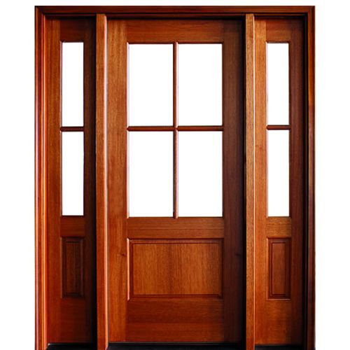 4-Lite TDL 80" Mahogany Entry Door and Two Sidelites with Clear Beveled or Flemish Low-E Glass