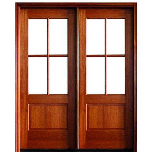 4-Lite TDL 80" Mahogany Double Entry Door with Clear Beveled or Flemish Low-E Glass