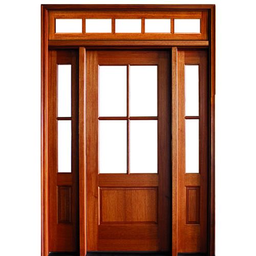 4-Lite TDL 80" Mahogany Entry Door with Two Sidelites and Rectangular Transom with Clear Beveled or Flemish Low-E Glass