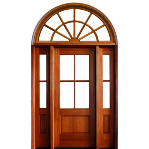 80" Tall 4-Lite TDL Mahogany Wood Entry Door with Two Sidelites and Half Round Transom with Clear Beveled Low-E Glass