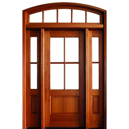 4-Lite TDL Mahogany Entry Door with Two Sidelites and Arch Transom with Clear Beveled or Flemish Low-E Glass