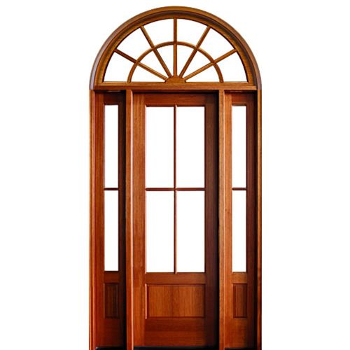 96" Tall 4-Lite TDL Mahogany Wood Door with Two Sidelites and Half Round Top Transom with Clear Beveled Low-E Glass