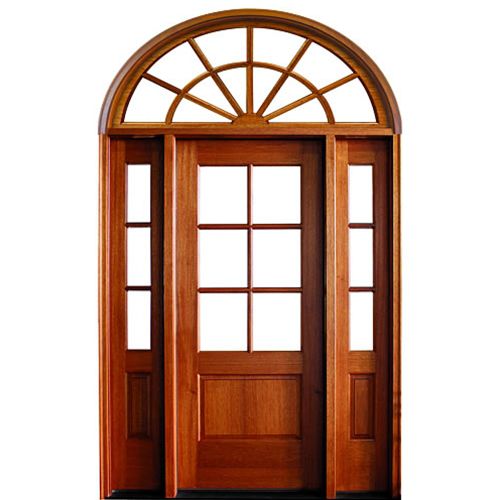 80" 6-Lite TDL Mahogany Entry Door with Two Sidelites and Half Round Top Transom with Clear Beveled Low-E Glass