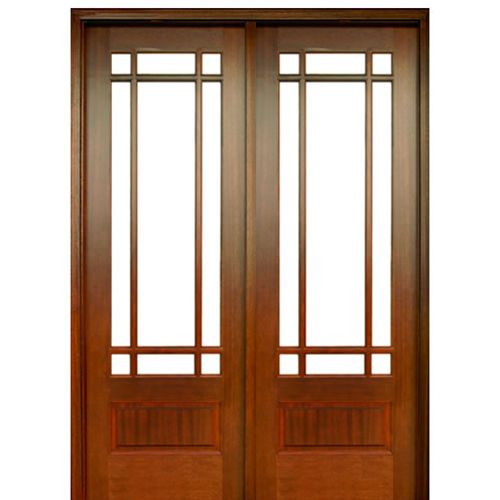 9-Lite TDL Mahogany Double Entry Door with Clear Beveled Low-E Glass