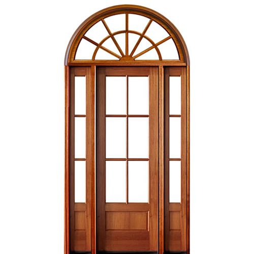 96" 6-Lite TDL Mahogany Entry Door with Two Sidelites and Half Round Top Transom with Clear Beveled Low-E Glass