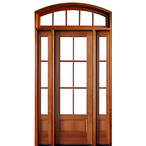 96" 6-Lite TDL Mahogany Entry Door with Two Sidelites and Arch Transom with Clear Beveled or Flemish Low-E Glass