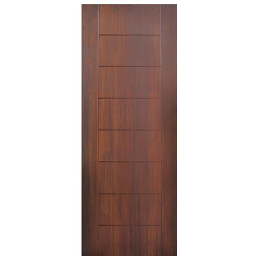 Flush Fiberglass Exterior Door with Modern Grooves Design, Mahogany Wood Grain Texture 