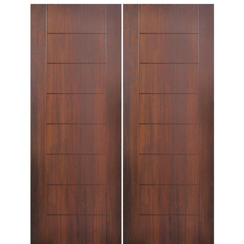 Flush Fiberglass Exterior Double Doors with Modern Grooves Design, Mahogany Wood Grain Texture 