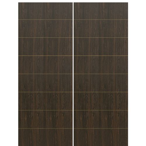 Flush Fiberglass Exterior Double Doors with Horizontal Grooves, Mahogany Wood Grain Texture 