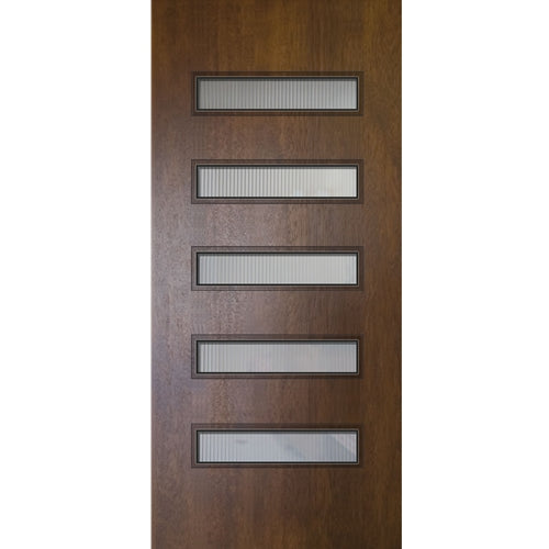 Modern Fiberglass Exterior Door with Slim Horizontal Glass Panels, Mahogany Wood Grain Texture 