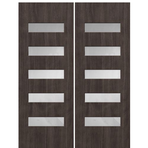 Modern Fiberglass Double Doors with Slim Horizontal Glass Panels, Mahogany Wood Grain Texture 