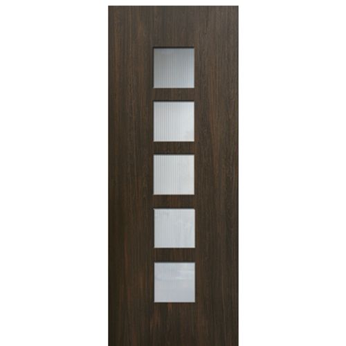 Modern Fiberglass Exterior Door with Square Glass Panels, Mahogany Wood Grain Texture 