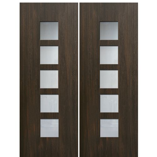 Modern Fiberglass Double Doors with Square Glass Panels, Mahogany Wood Grain Texture 