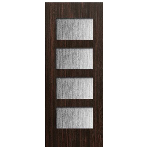 96" (8'-0") Tall Contemporary 4-Lite Fiberglass Entry Door, Mahogany Wood Grain Texture 