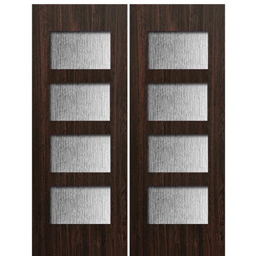 96" (8'-0") Tall Contemporary 4-Lite Fiberglass Double Doors, Mahogany Wood Grain Texture 