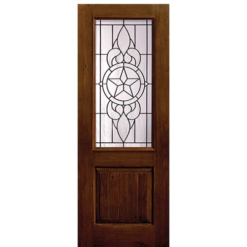 1 Panel 2/3 Lite Brazos, Knotty Alder Wood Grain Fiberglass Entry Door