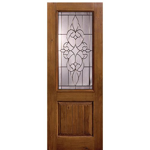 1 Panel 2/3 Lite Courtlandt, Knotty Alder Wood Grain Fiberglass Entry Door