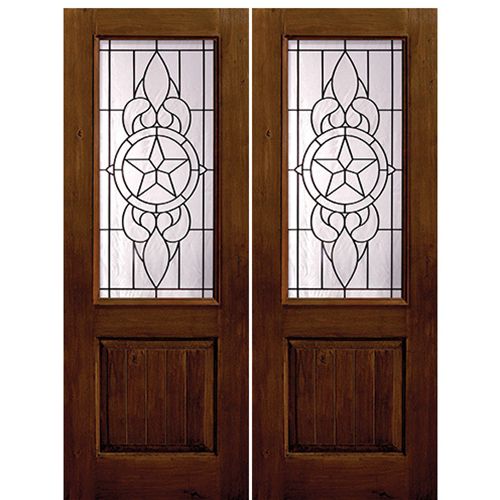 1 Panel 2/3 Lite Brazos, Knotty Alder Wood Grain Fiberglass Double Entry Door