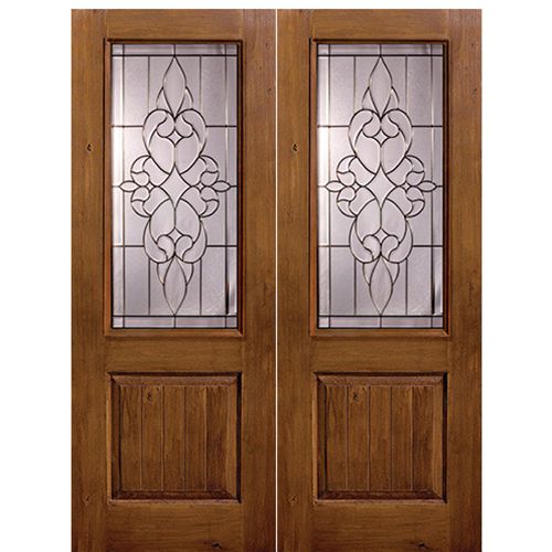 1 Panel 2/3 Lite Courtlandt, Knotty Alder Wood Grain Fiberglass Double Entry Door