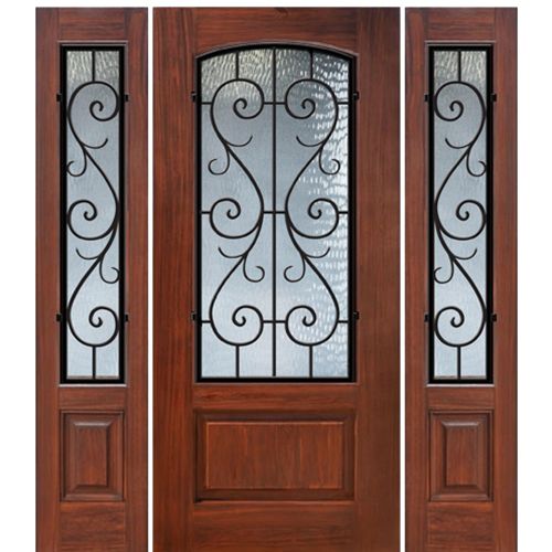 1 Panel Arch Lite St Charles Design Fiberglass Entry Door with Two Sidelites