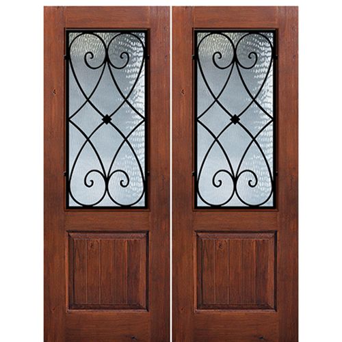 1 Panel 2/3 Lite Charleston, Knotty Alder Wood Grain Fiberglass Double Entry Door