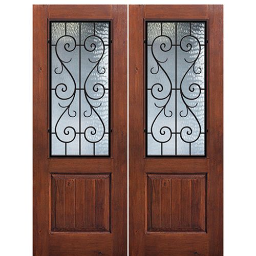 1 Panel 2/3 Lite St. Charles, Knotty Alder Wood Grain Fiberglass Double Entry Door