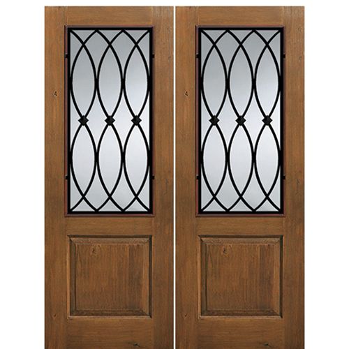 1 Panel 2/3 Lite La Salle, Knotty Alder Wood Grain Fiberglass Double Entry Door