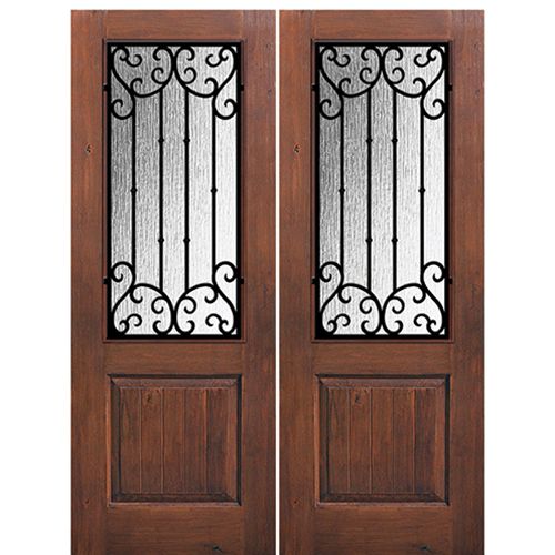 1 Panel 2/3 Lite Valencia, Knotty Alder Wood Grain Fiberglass Double Entry Door