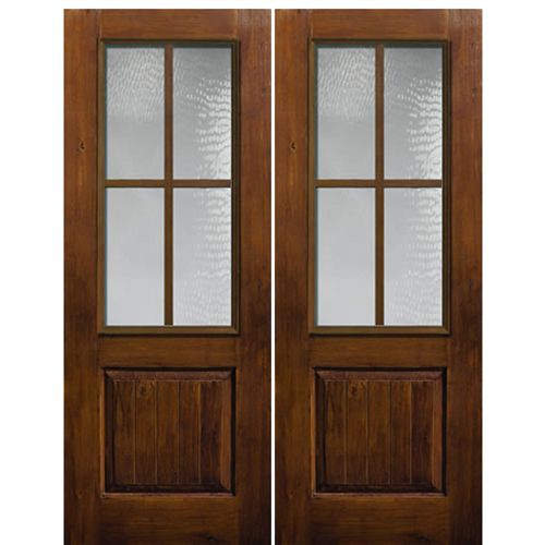 96" Tall 2/3 Lite SDL 4 Lite Fiberglass Entry Double Doors with Knotty Alder Wood Grain