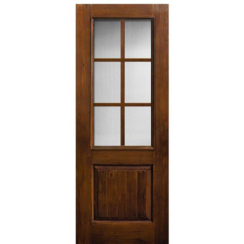 96" Tall 2/3 Lite SDL 6 Lite Fiberglass Entry Door with Knotty Alder Wood Grain. 